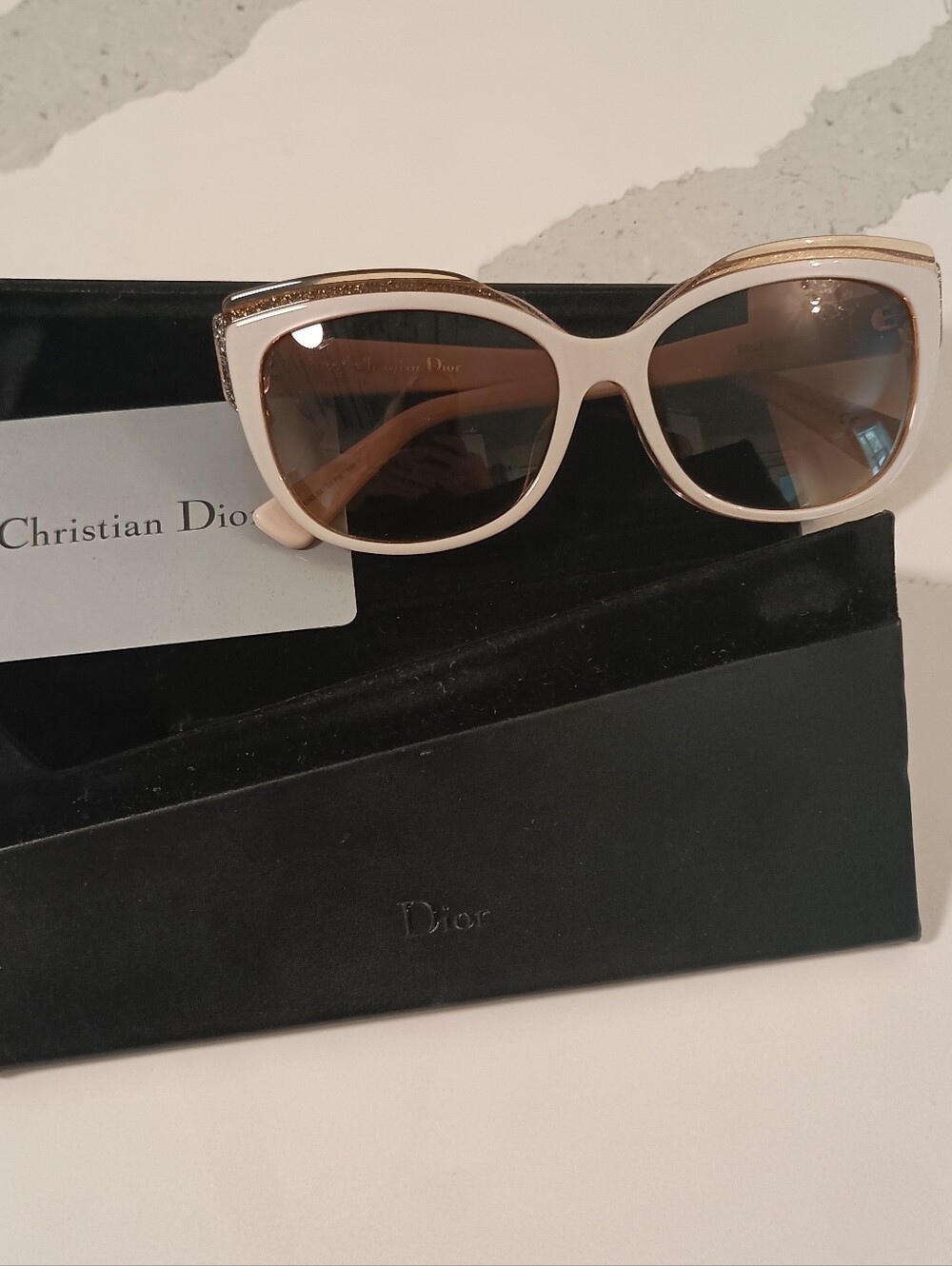 Dior Women's Cream Frame Sunglasses with Brown Lenses and Gold Trim